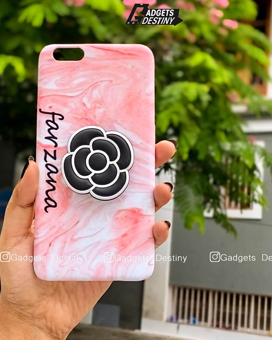 Pink Liquid Name Case with Silicon Flower Pop